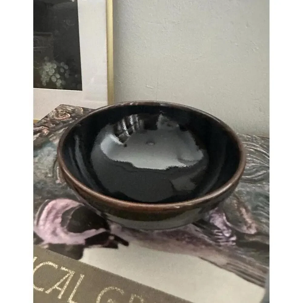 Set of 2 Japanese Tea Bowls Chawan Dark Tenmoku Glaze Black & Brown Glossy